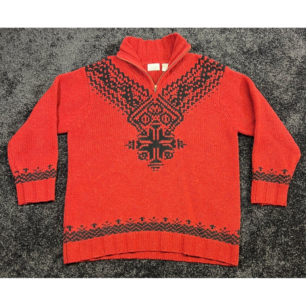 Vintage Moda Intl Men's Wool Knit Quarter Zip Pullover Sweater Red‎ Pattern L